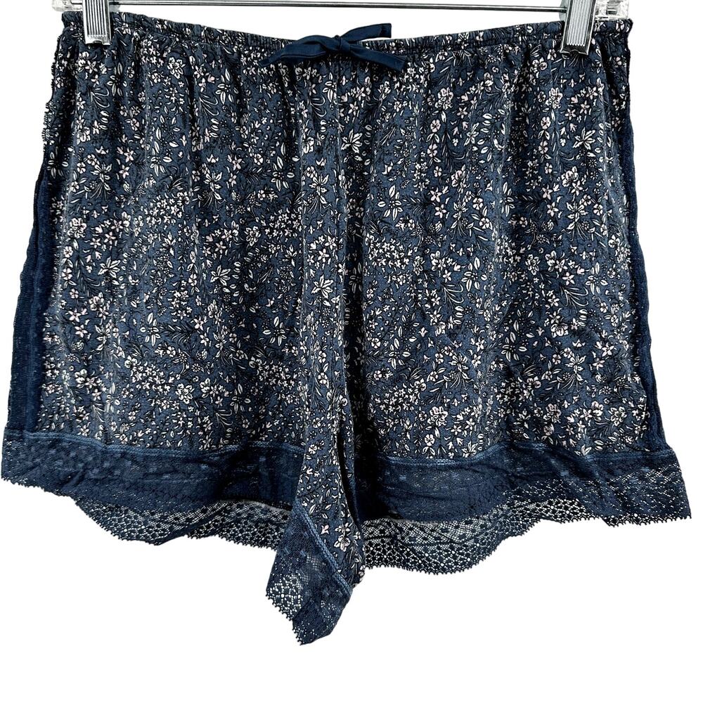 Victoria's Secret Sleep Shorts Floral Drawstring Lace Trim High Waist Blue Large